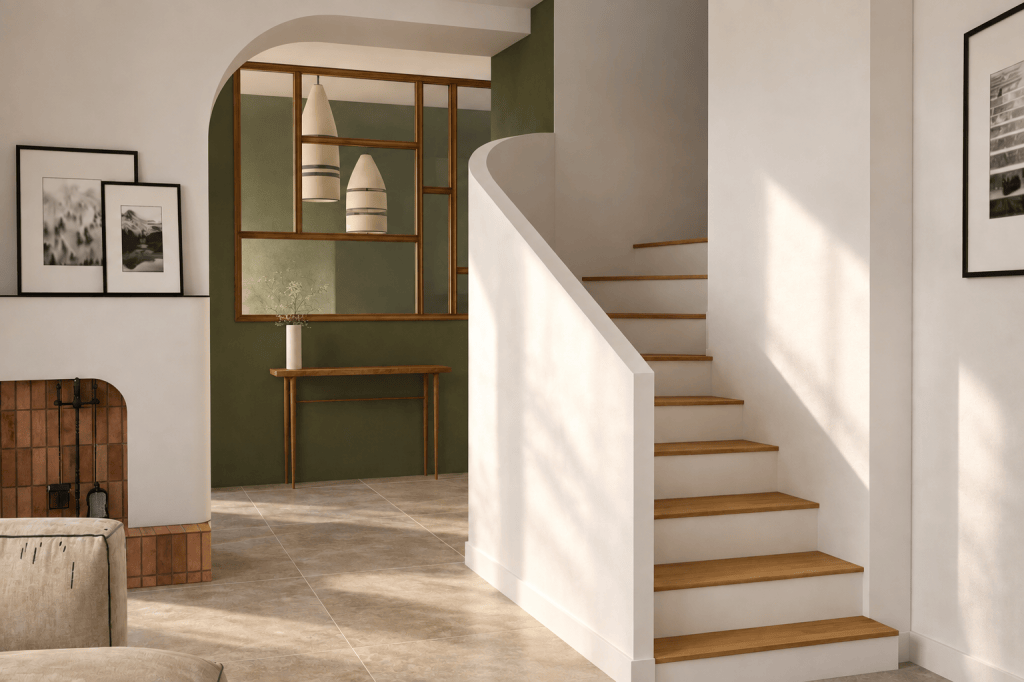Intérieur moderne avec un escalier en bois, des murs blancs et une décoration minimaliste. Une table en bois et des suspensions éclairent l'espace.